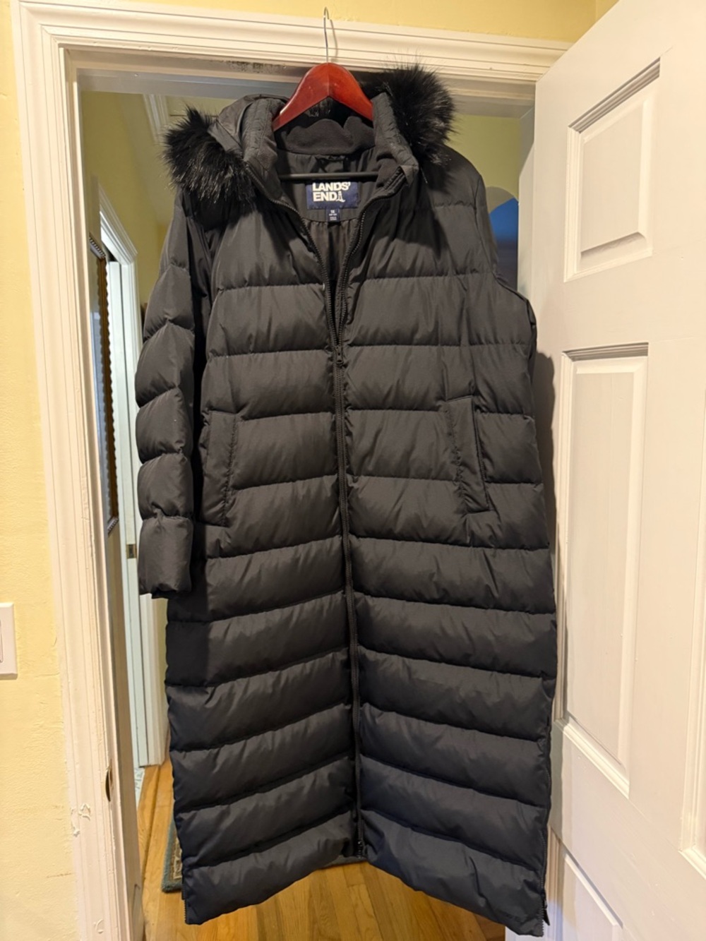 Land’s End Women’s Max 600 Down Maxi Coat with Removable Faux Fur Hood, 1X